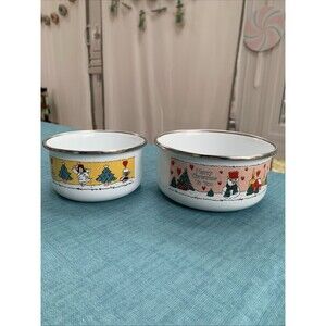 Vintage 70's Decorative Enameled Metal nesting Bowls Lot Of 2 Christmas